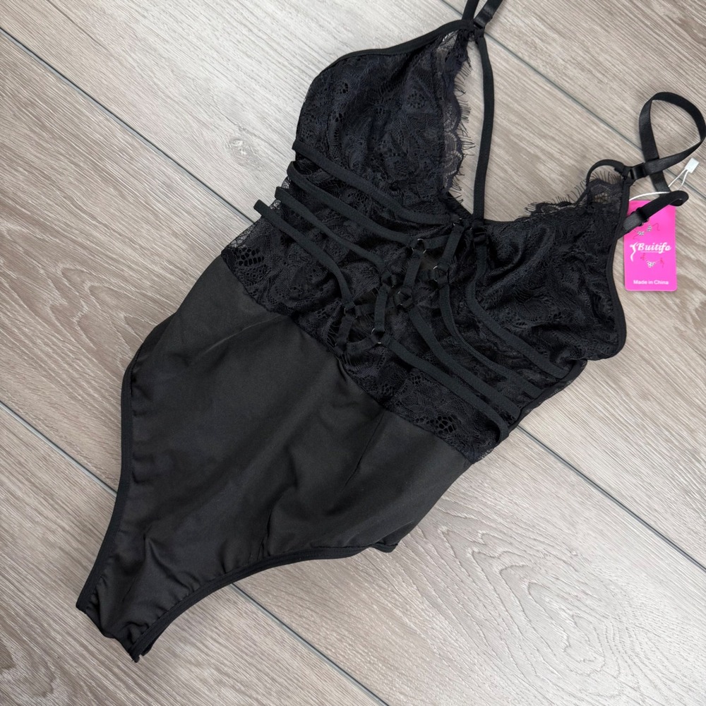 Buitifo Women Bodysuit Lace Strappy Eyelash Trim Black Small
